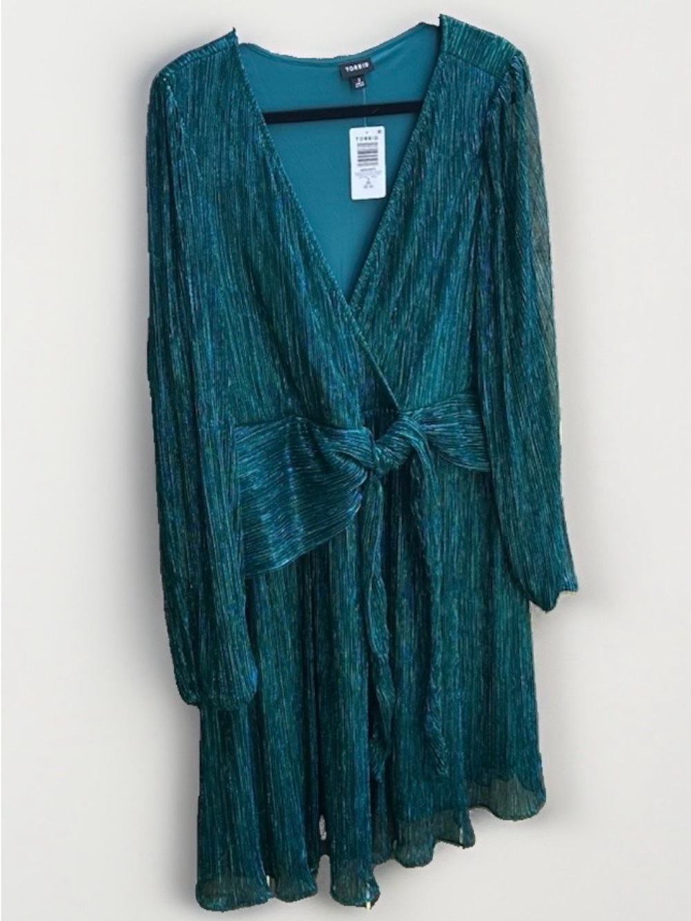 Torrid Emerald Silver Glitter Plisse Wrap Mini Dress Plus Size 3 3X 22-24 New - Picture 3 of 7